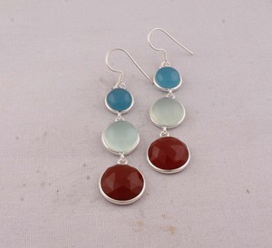 Natural Multi-Gemstone Drop <b>Earrings</b> 925 Sterling Silver Blue Chalcedony & <b>Red</b> Carnelian Tiered <b>Earrings</b> Handmade Wholesale - Product Image 1