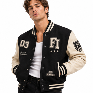 Blouson universitaire en cuir avec applique numérotée sur le devant, manches contrastantes à boutons-pression, logo personnalisé, blouson de baseball pour homme, style USA - Product Image 1