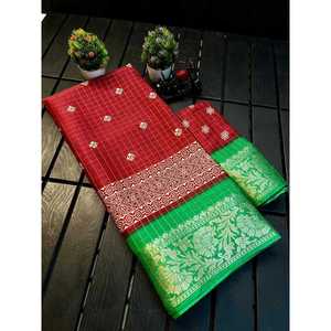 TREANDING DOLA <b>SILK</b> ZARI CHEX WITH JACQUARD BORDER WORK SAREE WITH UNSTITCHED BLOUSE <b>RED</b> - Product Image 1