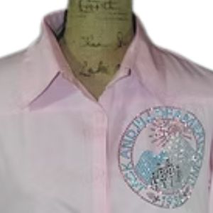 Women <b>Pink</b> <b>Long</b> <b>Sleeve</b> Button Down Shirt Rhinestone Graphic Chest Design Casual Collared Blouse Lightweight Fashion <b>Top</b> - Product Image 3