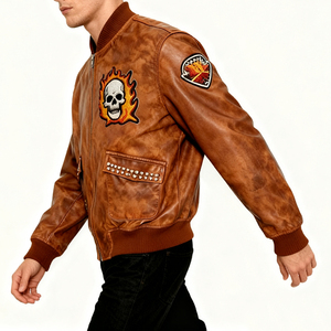 Blouson aviateur en cuir véritable marron pour homme avec broderie de crâne enflammé, style motard, fermeture éclair sur le devant - Product Image 3