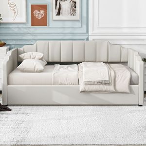 Divano letto imbottito beige a grandezza naturale con comoda vano contenitore sotto il telaio - Product Image 4