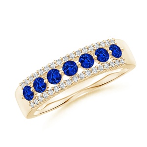 14K Solid Gold Floating Round Natural Blue Sapphire Gemstone Half Eternity <b>Ring</b> with Diamonds Dainty <b>Stacking</b> Wedding <b>Ring</b> Band - Product Image 1