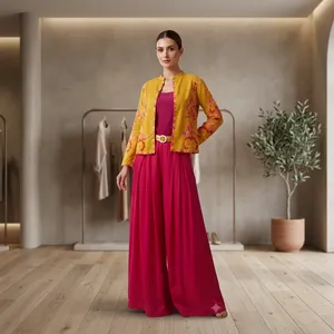 Conjunto de Blazer de Dos Piezas para Mujer, Elegante, Amarillo, con Bordado Floral, Largo hasta el Tobillo, con Blazer Entallado y Estilo Relajado, 100% - Product Image 6