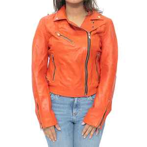 Veste en cuir véritable orange à manches longues, col montant, fermeture éclair, style automne pour femme, fabrication professionnelle - Product Image 1