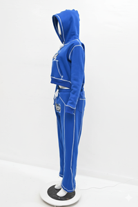 Tracksuits Men's Solid Blue Panel Work Contrast Five Thread Stitch Applique <b>Embroidery</b> Letters Casual Pullover Loose Bottom <b>Sets</b> - Product Image 2