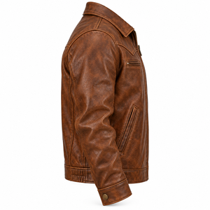 Western Ranch Style <b>Leather</b> <b>Jacket</b> <b>Mens</b> Distressed Vintage <b>Brown</b> Outerwear Cowhide Shirt Collar Trucker Coat Custom Manufacturer - Product Image 3