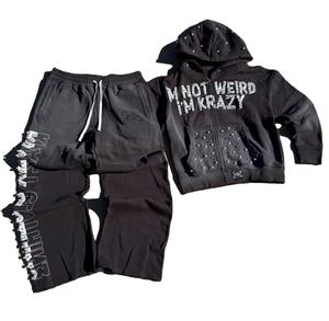 ชุดแทรคสูทสตรีทแวร์แบบย้อมสีเอซิดฟอกสีซีดสไตล์วินเทจ ประดับด้วยคริสตัลและมุก แห้งเร็ว ไซส์พลัส ผ้าโพลีเอสเตอร์ฟลีซ - Product Image 6