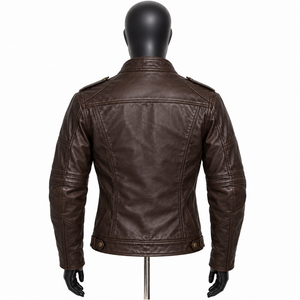 Chaqueta Bomber de Cuero Marrón para Hombre, Cuello Camisero, Cierre de Cremallera, Dos Bolsillos, Corte Ajustado, Manga Regular, Invierno, Ecológica, Casual - Product Image 2