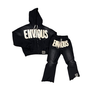 Sweat à capuche en polaire délavé à l'acide et pantalon de survêtement évasé pour homme avec fermeture éclair et logo vieilli Survêtement décontracté - Product Image 1