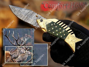 Cuchillo de Bolsillo EDC Multifuncional de Acero de Damasco con Mango de Madera y Latón, Personalizable al por Mayor OEM/ODM, para Camping y Caza - Product Image 3