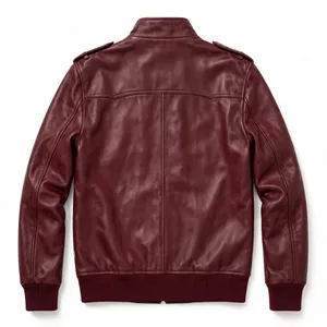 Chaqueta bomber de cuero burdeos para hombre con cuello alto, cierre de cremallera, 4 bolsillos y puños acanalados estilo motero - Product Image 2