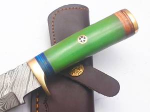 Drop Point Hunting Knife Damascus Steel Blade Green Handle With Brass Accents Outdoor Survival <b>Tool</b> - Product Image 6