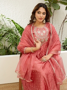 Women’s Chanderi A Line Kurta Pent Dupatta Sets with Embroidery Work - Product Image 3