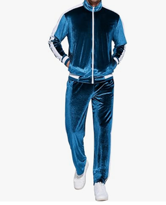 Ensemble de survêtement en velours bleu pour homme, manches longues, fermeture éclair, deux pièces, couleur unie, poches latérales, coupe classique, vêtements d'automne, vêtements de qualité supérieure pour homme - Product Image 1