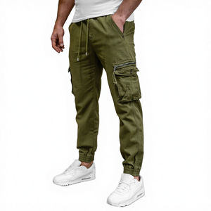 Pantalon cargo baggy décontracté léger pour homme, 100 % coton, coupe droite, délavage foncé, devant plat, taille mi-haute, 6 poches - Product Image 4