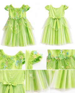 Robe de soirée pour filles, vert floral, appliqué, épaules dénudées, tulle superposé, longueur genou, manches pétales, pour occasions printanières - Product Image 3