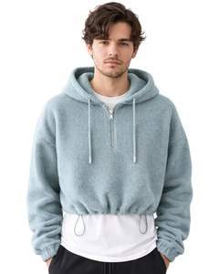 Sweat à capuche court en polaire texturée bleu poussière, quart de zip, ourlet ajustable avec cordon de serrage, streetwear décontracté, pull chaud, logo personnalisé - Product Image 1