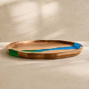 2026 Luxury Aurora River <b>Epoxy</b> Resin & Solid Acacia Wood Serving Tray with Premium Gold Metal Handles for Modern Home Décor - Product Image 1