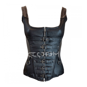 Genuine Black Leather Buckle <b>Corset</b> Top <b>Gothic</b> Overbust Waist Cincher <b>Corset</b> with Front Zipper and Adjustable Straps - Product Image 3