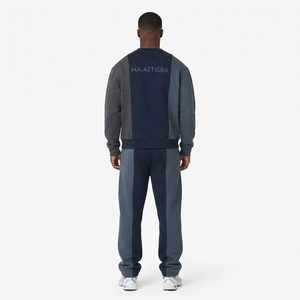 Ensemble sweat-shirt et pantalon de survêtement pour homme, col rond, couleurs contrastées, bleu marine et gris, streetwear décontracté, vêtements assortis, logo personnalisé - Product Image 2