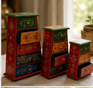 Handmade Wooden Chest With 4 Drawers Traditional Painted <b>Storage</b> <b>Box</b> Red Green Orange <b>Blue</b> Decorative Design - Product Image 2
