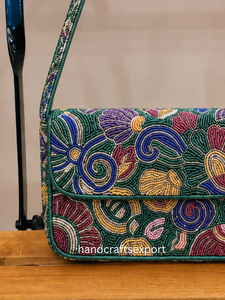 Handmade Durable Beaded Satin Embroidery Flap Shoulder <b>Bag</b> Women's Bohemian Crossbody Purse Single <b>Strap</b> Floral Pattern - Product Image 3