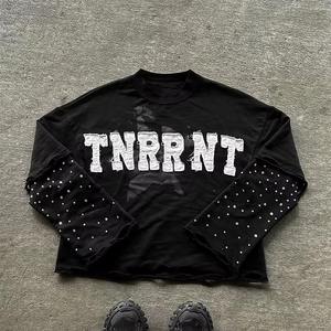 Custom Heavyweight Washed Distressed <b>Patchwork</b> Embroidery Double Layer Long Sleeve T-<b>shirt</b> Cotton Boxy Rhinestone tShirt for Men - Product Image 1