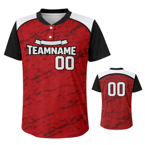 Camiseta de Softbol Personalizada con Sublimación Total, Diseño Mosaico Rojo y Negro, Cuello con Botones, Uniforme de Equipo con Número Impreso en la Espalda - Product Image 1