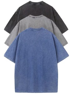 T-shirt en coton uni surdimensionné pour homme, manches courtes, col rond, décontracté, jersey lavé, coupe classique, longueur normale, bleu et noir - Product Image 2