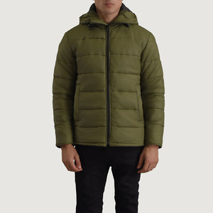 Veste matelassée à capuche pour homme, couleur vert olive, fermeture éclair, coupe-vent, manteau d'hiver décontracté, coupe régulière, couleur unie, rembourrage en polyester - Product Image 1