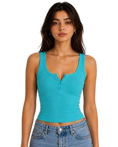 Débardeur court côtelé en coton turquoise pour femme, boutonné sur le devant, sans manches, coupe ajustée, décontracté, doux, extensible, basique et tendance pour l'été - Product Image 1