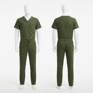 Ensemble de blouses médicales unisexe imprimées, tissu Dobby Premium 180 GSM, polyester élasthanne extensible, vert olive, col en V, logo personnalisé, hôpital - Product Image 1