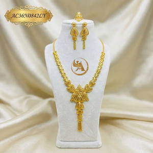 24K Gold Plated Long Floral Charm Necklace Set for Women Nigerian Bridal <b>Wedding</b> Jewelry with Earrings & Ring - Product Image 1