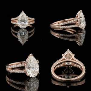 Bague de fiançailles en or massif 14 carats avec diamant de laboratoire taille poire certifié IGI 2,50 carats, sertie pavé, halo caché, à double sangle - Product Image 3
