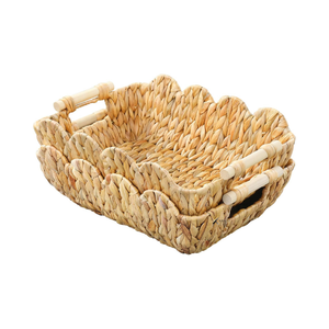 Water Hyacinth Scalloped Storage <b>Basket</b> <b>Wooden</b> Handle Handmade Eco-Friendly Multifunction Home Decor KV NATURAL HOME Wholesale - Product Image 1