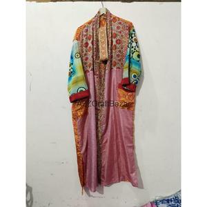 Handmade Silk Patchwork V-neck Drawstring Closure Full Length Soft Breathable Gown Lounge Wear Kimono Party Gown for Women - Product Image 2