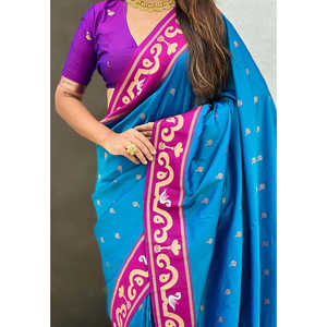Sari en soie Paithani tissé Rama Blue Zari, vêtements indiens et pakistanais - Product Image 2