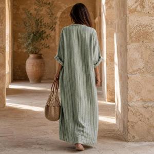 Robe maxi en lin et coton rayée à col en V, style bohème décontracté pour l'été, manches trois quarts avec poches, prix de gros - Product Image 2