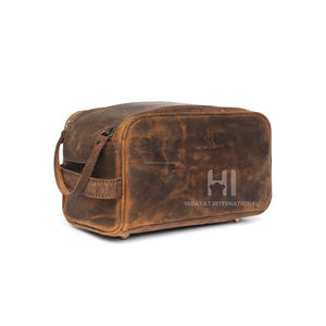 Double Zip Genuine Leather Mens Travel Toiletry Wash Bag - Product Image 4
