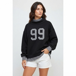 Sweat-shirt à col montant pour femme, gris, avec bordure en vichy rose, appliqué numéro 12, imprimé floqué, manches longues, pull-over, vêtements d'automne - Product Image 3