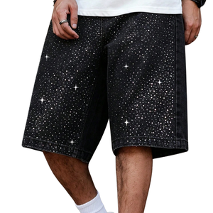 Pantalones Cortos de Mezclilla Negros Estampados para Hombre, Corte Holgado, Algodón, Casuales, Verano, Ropa Urbana, Cómodos, Suaves, Transpirables, Uso Diario, Moda - Product Image 1