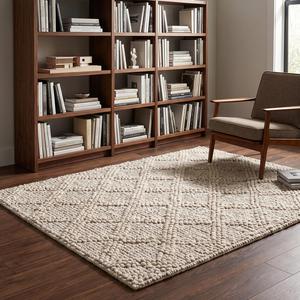 Tapis en boucle épais tissé à la main - Crème Beige Couleur Unie Laine Antidérapant Moderne Minimaliste Usage Commercial et Domestique - Product Image 2