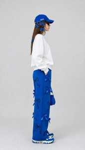 Oneten Women's White Crew Neck <b>Sweatshirt</b> Blue Bow Print Elastic Waist Wide Leg Split Hem Polyester Blend Casual Tracksuit Set - Product Image 4