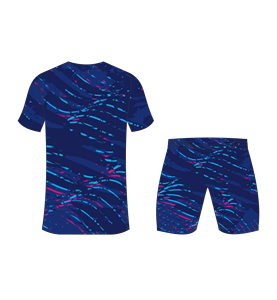 Custom sublimated soccer uniform set for men with dark blue and <b>red</b> and cyan dash pattern print jersey and matching shorts - Product Image 3