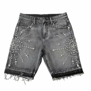 Unisex High Waist Black Denim Bermuda Shorts Crystal Rhinestone Embellishment Breathable Front Vintage Street Style Casual Pants - Product Image 2