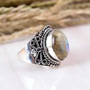 Handmade 925 Sterling <b>Silver</b> Blue Fire Labradorite <b>Ring</b> Vintage Bohemian Natural Oval Gemstone Bezel <b>Set</b> Statement Jewelry - Product Image 2