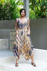 Mono informal para mujer, estilo caftán, con cuello en V, sin mangas, con tirantes, color marrón y amarillo, holgado, estilo caftán, para verano y playa - Product Image 4