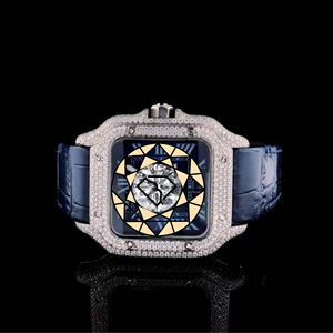 Reloj de Pulsera con Caja Cuadrada, Correa de Cuero Azul, Acero Inoxidable, Cristal de Zafiro, Esfera Analógica con Números Romanos - Product Image 1