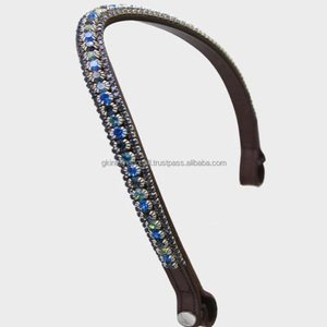 Fronture de cheval en cuir italien décorée de cristaux bleus, noirs et transparents sur trois rangées, taille full cob oversize. - Product Image 5